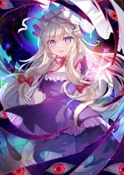  1girl blonde_hair bow choker commentary_request dress gap_(touhou) gloves hair_bow hat hat_ribbon highres holding holding_umbrella kazu_(muchuukai) long_hair looking_at_viewer mob_cap open_mouth parasol purple_dress red_bow red_ribbon ribbon ribbon_choker solo touhou umbrella very_long_hair violet_eyes white_gloves white_hat white_umbrella yakumo_yukari 