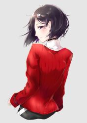  1boy absurdres black_choker black_hair black_pants choker commentary_request from_behind hair_ornament highres looking_back pants red_sweater ribbed_sweater ribbon_choker science_adventure skull_hair_ornament solo steins;gate steins;gate_0 sweater trap urushibara_luka violet_eyes winter_clothes yakku 