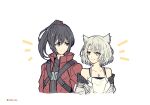  1boy 1girl animal_ears black_hair blue_eyes closed_mouth cropped_torso highres long_hair looking_at_another mio_(xenoblade) mochimochi_(xseynao) noah_(xenoblade) ponytail short_hair simple_background smile white_background white_hair xenoblade_chronicles_(series) xenoblade_chronicles_3 yellow_eyes 