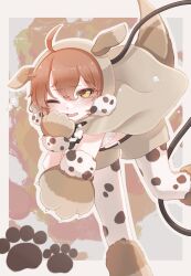  1girl animal_hands animal_hood belt brown_hair cape commentary_request gloves grey_cape highres hood magical_girl mahou_shoujo_ikusei_keikaku mahou_shoujo_ikusei_keikaku_unmarked one_eye_closed orange_eyes pantyhose paw_gloves qoo_1025 short_hair shorts tama_(mahoiku) tears 