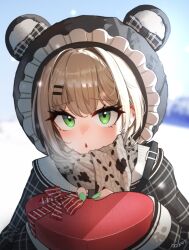  1girl absurdres animal_hood bear_hood blurry blurry_background bow box breath brown_hair brown_scarf commentary_request frilled_hood frills gift gift_box green_eyes green_nails hair_ornament hairclip heart-shaped_box highres holding holding_box holding_gift hood hood_up isegye_idol jacket korean_commentary long_sleeves musm0412 open_mouth outdoors parallel_hairclips plaid_bow plaid_clothes plaid_jacket red_bow scarf signature snow solo upper_body valentine viichan virtual_youtuber waktaverse watermark winter winter_clothes 