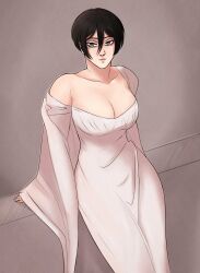  abs black_eyes black_hair dress full_body highres mikasa_ackerman muscular muscular_female sbnpen shingeki_no_kyojin short_hair thighs white_dress 