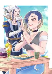  1boy 1girl absurdres adaman_(pokemon) ancestor_and_descendant arm_wrap armband bare_shoulders black_armband black_choker blue_coat blue_hair bob_cut breasts brown_eyes choker closed_eyes coat collarbone crop_top denim diamond_clan_outfit eyebrow_cut food gradient_hair grey_shirt hand_wraps headscarf highres jeans jewelry lipstick loose_hair_strand makeup midriff multicolored_hair neck_ring off-shoulder_shirt off_shoulder own_hands_together pants perrin_(pokemon) pokemon pokemon_legends:_arceus pokemon_scarlet_and_violet poketako292 ponytail ribbed_shirt shirt short_hair sleeveless sleeveless_shirt smile strapless strapless_shirt table undershirt v-neck watch watch white_headscarf white_nails 