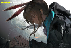  1girl absurdres amiya_(arknights) animal_ears arknights black_jacket blue_eyes brown_hair commentary commission floating_hair gloves grey_gloves highres holding_hands hood hood_down hooded_jacket jacket jewelry long_hair long_sleeves mihuashi_commission multiple_rings out_of_frame profile ring shenwanjia solo_focus twitter_username watermark 