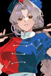  1girl absurdres black_background blue_dress braid brown_eyes commentary constellation_print cross cross_print dress grey_hair hat highres long_hair nurse_cap parted_lips print_dress print_hat red_dress simple_background solo thitora touhou twitter_username two-tone_dress yagokoro_eirin 