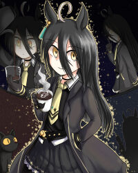  1girl :/ absurdres ahoge animal_print beaker belt black_belt black_cat black_choker black_gloves black_skirt black_vest cat cat_print choker closed_mouth coffee_pot collared_shirt commentary_request cup ear_ornament ear_tag earrings finger_to_mouth gloves hair_between_eyes hand_in_pocket hand_up highres holding holding_cup index_finger_raised jewelry long_hair_between_eyes long_sleeves manhattan_cafe_(umamusume) mug multicolored_hair necktie pleated_skirt pouring shirt shushing single_earring skirt smile solo_focus steam steaming_cup umamusume vest white_hair white_shirt wokurouv2 yellow_eyes yellow_necktie 