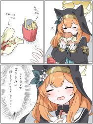  1girl animal_ears black_jacket black_veil blue_archive blue_neckerchief blush burger closed_eyes commentary_request eating flower food french_fries hair_flower hair_ornament halo highres holding holding_burger holding_food jacket ketchup mari_(blue_archive) neckerchief nun open_mouth sailor_collar shirt sidelocks tachikaze_miyako translation_request veil white_flower white_sailor_collar white_shirt yellow_halo 