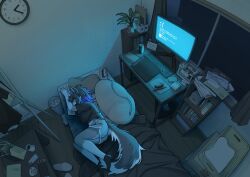  1girl ashtray bed black_hair blue_hair blue_screen_of_death can cellphone cigarette_butt clock coffee coffee_mug commentary computer cup desk dolphin_shorts drawing_tablet drink_can furry furry_female highres indoors lying misotsuki_ayabe monitor monster_energy mug night nintendo_switch on_side original phone plant potted_plant shorts smartphone solo tail tissue_box wall_clock window wolf_girl 