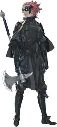  1boy armor axe black_armor black_boots black_mask boots breastplate expressionless fire_emblem fire_emblem_awakening full_body gerome_(fire_emblem) highres holding holding_axe kozaki_yuusuke looking_ahead mask official_art pink_hair short_hair shoulder_armor solo transparent_background 