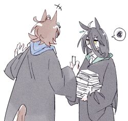  2girls agnes_tachyon_(umamusume) ahoge animal_ears black_hair black_robe blue_collar brown_hair collar ear_tag earrings gachitamago green_collar hair_between_eyes harry_potter_(series) holding holding_test_tube horse_ears horse_girl horse_tail jewelry long_bangs long_hair long_hair_between_eyes long_sleeves manhattan_cafe_(umamusume) medium_hair multicolored_hair multiple_girls necktie robe shirt spoken_squiggle squiggle sweatdrop tail test_tube umamusume white_hair wizarding_world yellow_eyes 