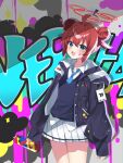  1girl :d ahoge badge bangs blue_archive blue_eyes blue_necktie collared_shirt double_bun graffiti hair_bun halo head_tilt highres holding id_card jacket light_blush long_sleeves looking_at_viewer maki_(blue_archive) multicolored_background murase48 necktie open_mouth paint_on_clothes paint_splatter paint_splatter_on_face redhead shirt short_hair skirt smile smiley_face solo spray_can spray_paint white_shirt 