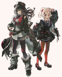  2girls animal_ears arknights bear_ears bear_girl black_dress black_jacket blonde_hair brown_hair coat_partially_removed dress food-themed_hair_ornament fur-trimmed_leg_warmers fur_hat grey_dress grey_eyes grey_leg_warmers gummy_(arknights) hair_ornament hairclip happyongdal hat hat_over_one_ear highres jacket leg_warmers loafers lollipop_hair_ornament long_hair long_sleeves looking_at_viewer multicolored_hair multiple_girls neckerchief open_clothes open_jacket pantyhose papakha red_eyes red_nails red_neckerchief red_pantyhose red_streaks red_thighhighs ribbed_thighhighs sailor_collar sailor_dress shoes simple_background smile streaked_hair thigh-highs white_background white_sailor_collar zima_(arknights) zima_the_raging_tide_(arknights) 