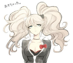  1girl bear_hair_ornament big_hair black_bra black_choker black_shirt blonde_hair blue_eyes bow bra breasts choker commentary_request danganronpa_(series) enoshima_junko hair_ornament large_breasts looking_up necktie shirt shirt_bow takashi_(onikukku) translation_request twintails unamused underwear upper_body white_background white_necktie 