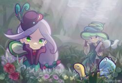  1boy 1girl alternate_costume animal black_pants black_sleeves book bud closed_mouth commentary_request day dress elbow_gloves flower forest frog from_below gloves grass green_dress green_eyes green_hat green_tunic grey_hair hand_on_headwear hand_up hat holding holding_book jose_(puyopuyo) long_hair looking_at_animal low-tied_long_hair mushroom_hat nature official_style outdoors pants perraulsa pimyuhuwa pink_flower purple_gloves purple_hair purple_hat puyopuyo puyopuyo_quest red_flower shirt smile squatting sunlight tunic turtle twitter_username violet_eyes white_shirt wide_sleeves 