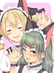  2girls =_= animal_ears black_dress blonde_hair cat_day cat_ears claw_pose collar commentary_request dated_commentary dress drooling enmaided fake_animal_ears frilled_collar frills green_eyes green_hair hiyajou_maho in-franchise_crossover koujiro_frau long_hair maid maid_headdress mayqueen_maid_uniform multiple_girls nishizono_karin pinafore_dress robotics;notes science_adventure shirt sleeveless sleeveless_dress steins;gate steins;gate_0 two_side_up very_long_hair white_shirt 