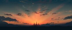  absurdres clouds gracile gradient_sky highres horizon landscape light_rays nature no_humans orange_sky original scenery silhouette sky sky_focus sunbeam sunlight tree twilight 