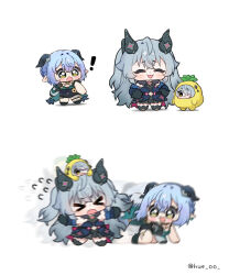  ! >_< 3girls :3 animal_ears black_gloves black_horns blue_dress blue_hair chibi chibi_only closed_eyes closed_mouth commentary crossed_bangs dracaene_sunbringer dress elbow_gloves flying_sweatdrops gloves goat_ears goat_girl goat_horns green_eyes grey_hair hair_over_one_eye highres horns hue_oo lindverne_sunbringer long_hair looking_at_another lucia_elowen mechanical_horns mini_person motion_blur multiple_girls open_mouth pineapple_costume pointy_ears running simple_background untranslatable_commentary white_background zenless_zone_zero 