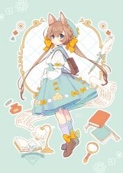  1girl absurdres ahoge animal_ears ankle_socks backpack bag beret blue_eyes book bow bow_legwear brown_hair chipochopo324 commentary_request dress flower full_body green_background green_dress hair_between_eyes hair_bow hat highres ink juliet_sleeves lamp long_hair long_sleeves looking_at_viewer looking_back low_twintails magnifying_glass multiple_hair_bows original outline puffy_sleeves quill sailor_collar socks solo twintails white_outline 