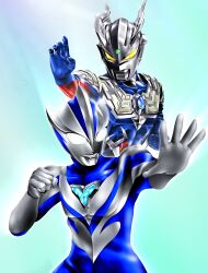  2boys abs alien aqua_background armor blue_skin chest_guard clenched_hand collarbone color_timer colored_skin commentary compound_eyes curled_fingers dorsal_fin eye_slugger fighting_stance forehead_jewel gem giant giant_male glowing glowing_eyes green_gem hands_up hanejidyna86 highres in-franchise_crossover looking_ahead male_focus multicolored_skin multiple_boys no_pupils open_hand outstretched_arm pectorals pointy_ears red_skin shoulder_armor silver_skin spread_fingers tokusatsu toned toned_male twitter_username two-tone_skin ultra_galaxy_(series) ultra_series ultraman_teo ultraman_teo_(series) ultraman_zero upper_body white_eyes wrinkled_skin yellow_eyes 