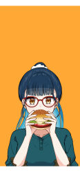  1girl absurdres blue_hair blue_shirt brown_eyes burger collarbone commentary_request covered_mouth food glasses hands_up highres holding holding_food long_hair looking_at_viewer nijisanji orange_background ponytail red-framed_eyewear shirt simple_background solo upper_body virtual_youtuber yamagami_karuta yowayowap 