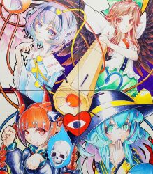  4girls animal_ear_fluff animal_ears arm_cannon bird_wings black_bow black_dress black_hairband black_hat black_wings blouse blue_nails blue_shirt blush bow braid bright_pupils brown_hair buttons cape cat_ears chest_eye closed_mouth commentary_request control_rod_(touhou) covering_own_mouth diamond_button disembodied_linked_eye dot_nose dress extra_ears eyeball fang finger_to_own_chin fire flaming_skull floating_skull frilled_shirt_collar frilled_sleeves frills green_bow green_eyes green_hair green_skirt hair_bow hair_ornament hairband hand_up hat hat_bow hat_ribbon heart heart_button heart_hair_ornament heart_of_string highres kaenbyou_rin komeiji_family_(touhou) komeiji_koishi komeiji_satori long_hair long_sleeves looking_at_viewer multiple_girls nail_polish open_mouth paw_pose photo_(medium) pink_eyes pink_hair purple_nails red_eyes red_hair reiuji_utsuho ribbon ribbon-trimmed_collar ribbon_trim sek-it shikishi shirt short_hair short_sleeves siblings simple_background sisters skin_fang skirt skull slit_pupils smile split_mouth third_eye touhou traditional_media twin_braids two-sided_cape two-sided_fabric upper_body weapon white_background wide_sleeves wings yellow_bow yellow_pupils yellow_ribbon yellow_shirt 