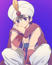  1boy ayasetaru between_legs black_eyes black_hair blue_vest cape closed_mouth commentary_request daikaijuu_monogatari feathers feet_out_of_frame fire_shell_hero_(daikaijuu_monogatari) gradient_background hand_between_own_legs hand_on_own_cheek hand_on_own_face hat_feather head_rest highres indian_style kaijuu_monogatari_(series) looking_at_viewer male_focus open_clothes open_vest pelvic_curtain purple_background red_cape short_hair simple_background sitting smile solo turban vest white_turban wristband yellow_feathers 