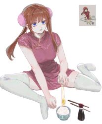  1girl blue_eyes bowl broken_egg brown_hair bun_cover chinese_clothes chopsticks double_bun dress egg egg_yolk ena33333333 full_body gintama hair_bun highres kagura_(gintama) long_hair parted_lips pink_dress qipao reference_inset rice rice_bowl short_sleeves sitting smile solo soy_sauce_bottle thigh-highs white_background white_thighhighs 