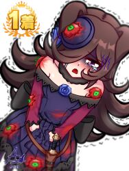  1girl ajet1123 animal_ears brown_hair crying dagger dress dutch_angle food_on_body hair_over_one_eye horse_ears horse_girl knife looking_at_viewer off-shoulder_dress off_shoulder rice_shower_(umamusume) scared shaded_face solo tears throwing_tomato tomato umamusume violet_eyes weapon white_background 