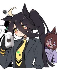  2girls agnes_tachyon_(umamusume) ahoge animal_ears black_choker black_coat black_gloves black_hair black_shirt blush brown_hair choker closed_mouth coat collared_shirt cup ear_tag earrings gloves hair_between_eyes holding holding_cup horse_ears horse_girl jewelry lab_coat long_hair long_sleeves looking_at_viewer manhattan_cafe_(creeping_shadow)_(umamusume) manhattan_cafe_(umamusume) medium_hair multicolored_hair multiple_girls necktie open_mouth red_eyes school_uniform shirt single_earring sleeves_past_wrists smile squiggle teeth tracen_school_uniform twintails umamusume upper_teeth_only white_hair yellow_eyes yellow_necktie yodaka_(yodaka1227) 