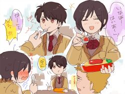  1girl 2boys :t aldnoah.zero amifumi_inko bento black_hair blazer blush bow bowtie brown_eyes brown_hair calm_craftman chewing closed_eyes commentary_request deformed eating embarrassed feeding food full-face_blush hetero holding holding_bento holding_spoon jacket kaizuka_inaho ketchup kiti_(ki_iti) multiple_boys multiple_views necktie no_eyes omelet omurice red_bow red_bowtie red_necktie school_uniform short_hair spoon talking 