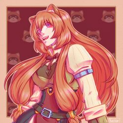  1girl :d armor belt black_dress border breastplate breasts brown_armor brown_belt brown_border brown_hair brown_outline commentary dress english_commentary gauntlets hair_between_eyes hair_tubes highres layered_dress leather_armor long_hair long_sleeves medium_breasts metal_arm_cuffs metal_hair_tubes neck_ribbon open_mouth outline outside_border pink_eyes pinstripe_dress pinstripe_pattern raphtalia red_dress red_ribbon ribbon signature sleeveless sleeveless_dress smile solo straight_hair tanuki tate_no_yuusha_no_nariagari two-tone_dress upper_body watermark white_dress yocchan_art 
