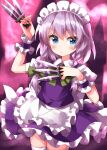  1girl apron bow braid dress frilled_apron frills highres holding holding_knife izayoi_sakuya knife maid maid_apron maid_headdress puffy_sleeves ruu_(tksymkw) short_sleeves solo touhou twin_braids waist_apron white_apron wrist_cuffs 