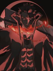  1boy abs bankai black_hakama black_kimono bleach bleach:_sennen_kessen-hen chi_kusari_no_ichigo colored_skin commentary_request crescent demon_horns energy_chains facial_mark fire_chain hakama highres holding holding_sword holding_weapon hole_in_chest hole_on_body horns huge_weapon japanese_clothes kimono kurosaki_ichigo looking_at_viewer mitu_hide43 multicolored_hair multicolored_skin muscular muscular_male open_clothes red_eyes shihakusho shinigami short_hair solo spiky_hair standing sword tensa_zangetsu_(bankai) torn_clothes torn_kimono true_zangetsu_(bankai) two-tone_hair two-tone_skin weapon zanpakutou 