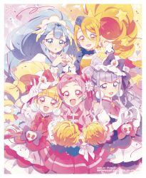  5girls absurdres aisaki_emiru belt_bag blonde_hair blue_eyes blue_hair blunt_bangs bow clothing_request clover commentary cone_hair_bun cure_amour cure_ange cure_etoile cure_macherie cure_yell dot_nose double_bun earrings everyone eyelashes flight_attendant_hat flower four-leaf_clover four-leaf_clover_earrings hair_between_eyes hair_bun hair_flower hair_ornament hair_ribbon heart heart_hands highres holding holding_pom_poms hugtto!_precure jewelry kagayaki_homare looking_at_viewer magical_girl multiple_girls nono_hana pink_eyes pink_hair pink_ribbon pom_pom_(cheerleading) pom_pom_(clothes) pom_pom_earrings precure purple_hair qianxia_yell red_eyes ribbon ruru_amour short_bangs smile star_(symbol) star_earrings star_hair_ornament steepled_fingers v v-bangs violet_eyes wrist_cuffs yakushiji_saaya yellow_eyes 