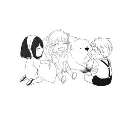  >_< 1boy 2girls ^_^ absurdres aged_down anya_(spy_x_family) blush bond_(spy_x_family) child closed_eyes closed_mouth commentary_request crying dog greyscale hairband highres monochrome multiple_girls open_mouth seiza shirt short_hair shorts simple_background sitting smile spy_x_family tarutaruso3 time_paradox twilight_(spy_x_family) white_background yor_briar 