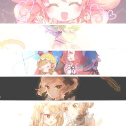  6+girls blonde_hair blush closed_eyes closed_mouth commentary_request cross drill_hair eyepatch feathers green_hair grey_hair hair_ornament hand_on_another's_head lady_proud long_hair magical_daisy magical_girl mahou_shoujo_ikusei_keikaku mahou_shoujo_ikusei_keikaku_aces mahou_shoujo_ikusei_keikaku_jokers mahou_shoujo_ikusei_keikaku_restart multicolored_hair multiple_girls open_mouth pfle pink_hair puk_puck red_eyes shadowgale short_hair smile twin_drills two-tone_hair umbrain x_hair_ornament yellow_eyes yunare 