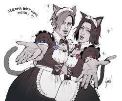  2boys animal_ears apron cat_boy cat_ears cat_tail collar commentary cowboy_shot crossdressing crossdressing_(mtf) crossover dress dutch_angle english_commentary english_text fangs greyscale grin leon_s._kennedy maid maid_apron male_focus male_maid monochrome multiple_boys muscular muscular_male outstretched_arm reaching reaching_towards_viewer resident_evil resident_evil_requiem ryuu_ga_gotoku_(series) short_hair smile tail zombiyh 