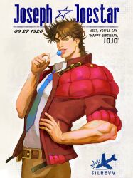  1boy absurdres artist_name battle_tendency belt birthday brown_belt brown_hair candy collared_shirt english_text food food_in_mouth green_eyes hands_on_own_hips happy_birthday highres holding holding_candy holding_food holding_lollipop jacket jojo_no_kimyou_na_bouken joseph_joestar joseph_joestar_(young) lollipop lollipop_in_mouth looking_at_viewer male_focus necktie open_mouth pants red_jacket shirt silrevv solo teeth tongue tongue_out upper_teeth_only watermark white_shirt 
