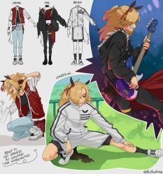  absurdres anger_vein_hair_ornament animal_ears arrow_(symbol) belt black_socks blonde_hair blood blood_on_hand chin_piercing collar commentary degrees_of_lewdity denim english_commentary english_text eyebrow_piercing face_piercing guitar highres horse_boy horse_ears horse_tail imminent_punch instrument jacket jeans letterman_jacket pants piercing playing_guitar playing_instrument shorts socks spiked_collar spikes tail th_blueking track_jacket umamusume whitney_(degrees_of_lewdity) whitney_(male)_(degrees_of_lewdity) 