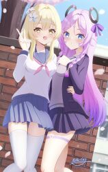  2girls alternate_costume black_jacket blonde_hair blue_eyes blue_skirt blush braid breasts citlali_(genshin_impact) commentary_request day facial_mark fingernails floating_headgear forehead_mark genshin_impact gradient_hair grey_shirt hair_between_eyes hand_on_another's_waist hand_up headgear highres hyakuya_iori jacket long_sleeves looking_at_viewer lumine_(genshin_impact) medium_breasts multicolored_hair multiple_girls open_clothes open_jacket open_mouth outdoors parted_lips pink_hair pink_pupils pleated_skirt purple_hair shirt short_hair_with_long_locks signature skirt small_breasts thigh-highs triangle triangle_facial_mark twin_braids v white_shirt white_thighhighs yellow_eyes 