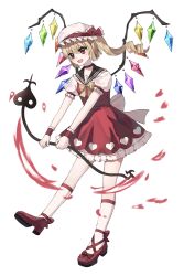  1girl absurdres adapted_costume back_bow black_sailor_collar blonde_hair bow bowtie choker commentary_request crystal crystal_wings firstnoha flandre_scarlet frilled_skirt frills hat hat_ribbon heart heart_print highres holding holding_weapon laevatein_(touhou) looking_at_viewer mob_cap multicolored_wings one_side_up open_mouth print_skirt red_choker red_eyes red_shoes red_skirt red_vest ribbon sailor_collar shirt shoes simple_background skirt skirt_set smile socks solo touhou vest weapon white_background white_bow white_hat white_shirt white_socks wings yellow_bow yellow_bowtie 