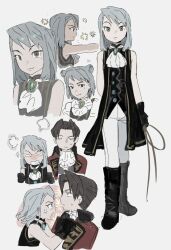  ace_attorney angry animal_ears ascot black_gloves boots brooch closed_eyes franziska_von_karma gloves grey_hair highres jacket jewelry light_smile looking_at_viewer ma_fu miles_edgeworth mole mole_under_eye pants red_jacket sleeveless sleeveless_jacket vest whip white_hair white_pants 