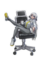  1girl absurdres alk_(4lk_uq) arknights arknights:_endfield bird_girl black_pants blue_eyes blue_streaks blush chair coffee coffee_mug commentary cup dark-skinned_female dark_skin english_commentary fiona_(arknights) highres holding holding_cup jacket legs long_hair long_sleeves looking_at_viewer mug multicolored_hair office_chair outstretched_leg pants shirt_tucked_in simple_background smile solo steam streaked_hair swivel_chair very_long_hair white_background white_hair white_jacket 