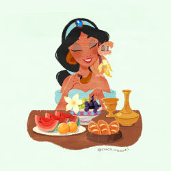  black_hair blue_gem bread closed_eyes commentary_request cup disney disney_princess eating flower food fruit gem glass headband highres holding holding_food jasmine_(disney) monkey naco_oekaki vase watermelon watermelon_slice 