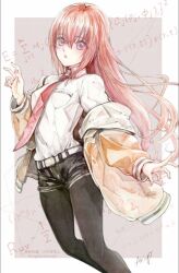  1girl belt black_pantyhose black_shorts blush brown_jacket commentary_request copyright_notice equation jacket leather_belt long_hair makise_kurisu math necktie open_mouth pantyhose pantyhose_under_shorts red_hair red_necktie science_adventure shirt shorts signature solo steins;gate violet_eyes white_belt white_shirt zevevanes 