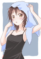  1girl :o after_bathing black_camisole black_hair blue_background blush border brown_eyes camisole commentary_request drying drying_hair drying_own_hair funami_yui hair_between_eyes holding holding_towel looking_at_viewer machiyama_akane outside_border short_hair signature solo towel towel_on_head white_border yuruyuri 
