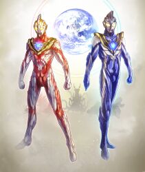 2boys alien blue_gem blue_skin chest_guard clenched_hands collarbone color_timer colored_skin commentary compound_eyes dorsal_fin earth_(planet) forehead_jewel full_body gem giant giant_male glowing glowing_eyes gold_trim highres kaiju kuroda_asaki legs_apart legs_together light_particles looking_ahead male_focus monster multicolored_skin multiple_boys no_pupils pectorals planet red_skin redesign side-by-side silver_skin standing tokusatsu toned toned_male two-tone_skin ultra_series ultraman_agul ultraman_gaia ultraman_gaia_(series) white_background wrinkled_skin yellow_eyes 