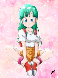  1girl blue_eyes blunt_bangs breasts bubble_background bulma butterfly_sitting collarbone commentary dragon_ball dragon_ball_(classic) english_commentary green_hair holding_own_ankles long_hair looking_at_viewer parted_lips pink_background pink_socks red_shoes ryuunosuke_(ryunosuke_625) shirt shoes shorts sitting sleeves_rolled_up small_breasts socks solo white_shirt yellow_shorts 