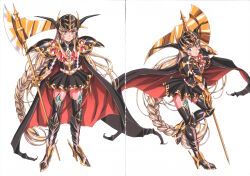  1990s_(style) 1girl absurdres armor armored_boots barefoot blonde_hair blue_eyes boots braid cape claw_(weapon) emilia_(langrisser) fake_horns halberd helmet high_heels highres horned_helmet horns jewelry langrisser langrisser_mobile long_hair looking_at_viewer non-web_source official_art polearm retro_artstyle scan scythe shiny_skin shoulder_armor skirt smile standing standing_on_one_leg thigh-highs two-page_spread urushihara_satoshi very_long_hair weapon 