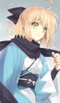  1girl bangs black_bow black_scarf blonde_hair bow fate/grand_order fate_(series) haori highres japanese_clothes obi okita_souji_(fate) sash scarf short_hair smile solo suzuhira_hiro upper_body yellow_eyes 